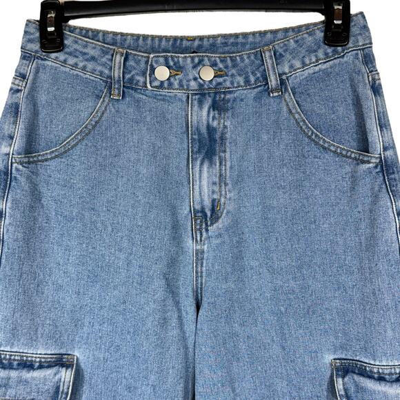 Cider Large Wide Leg Cargo Jeans Hi-Wash Button-Flap Pockets Zip-Fly Light Wash - Picture 2 of 8